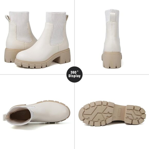 Women's Chelsea Platform Off White Ankle Boots Stylish Comfortable Slip On Shoes - Picture 2 of 7